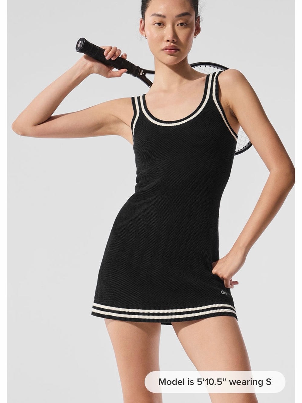 ALO Yoga Black Knit Tennis Mini Dress with Cream Trim